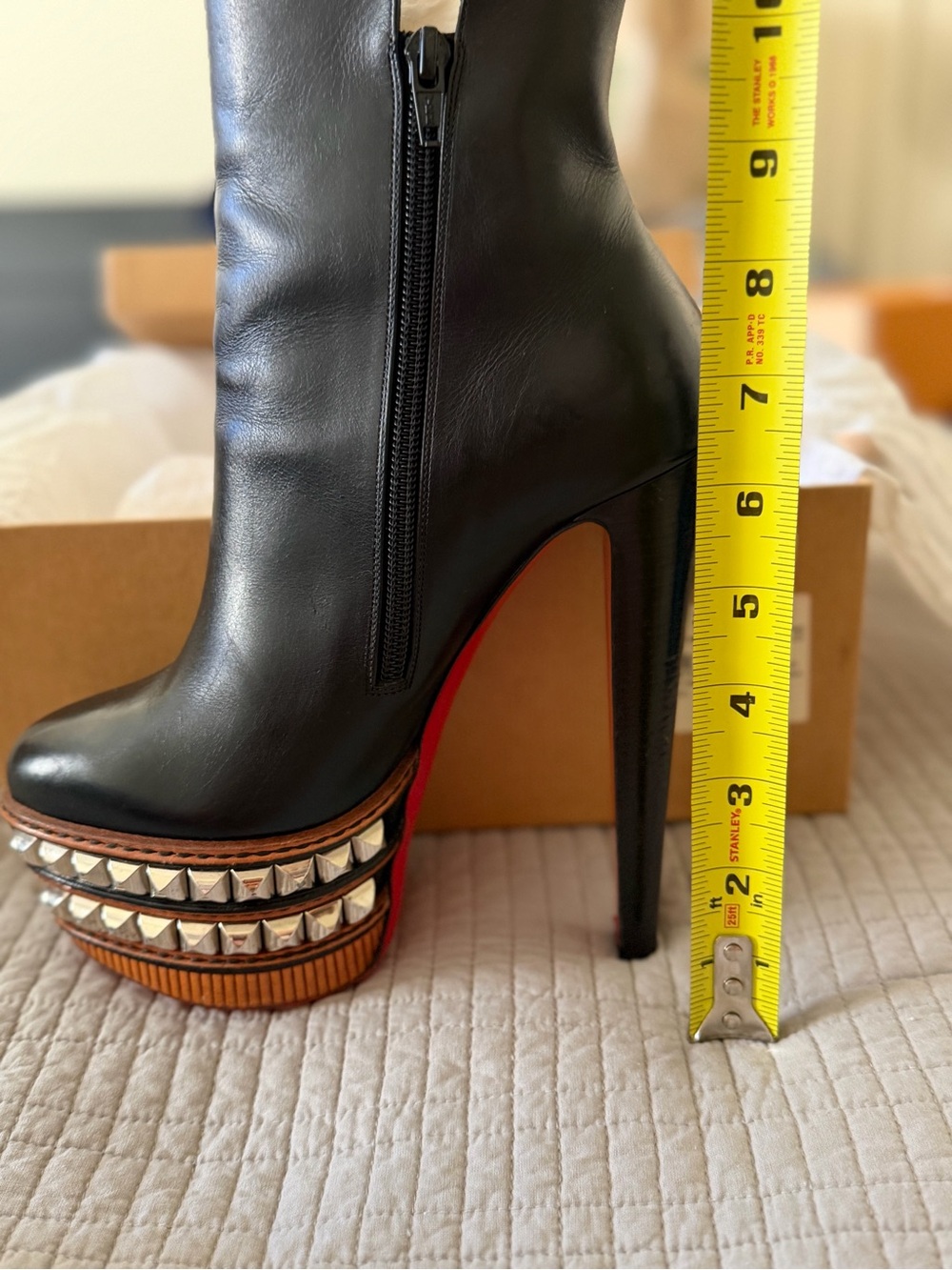 Christian Louboutin Taclou Booty Black Leather Studded Platform Zip Boots US 7.5 - Picture 9 of 9